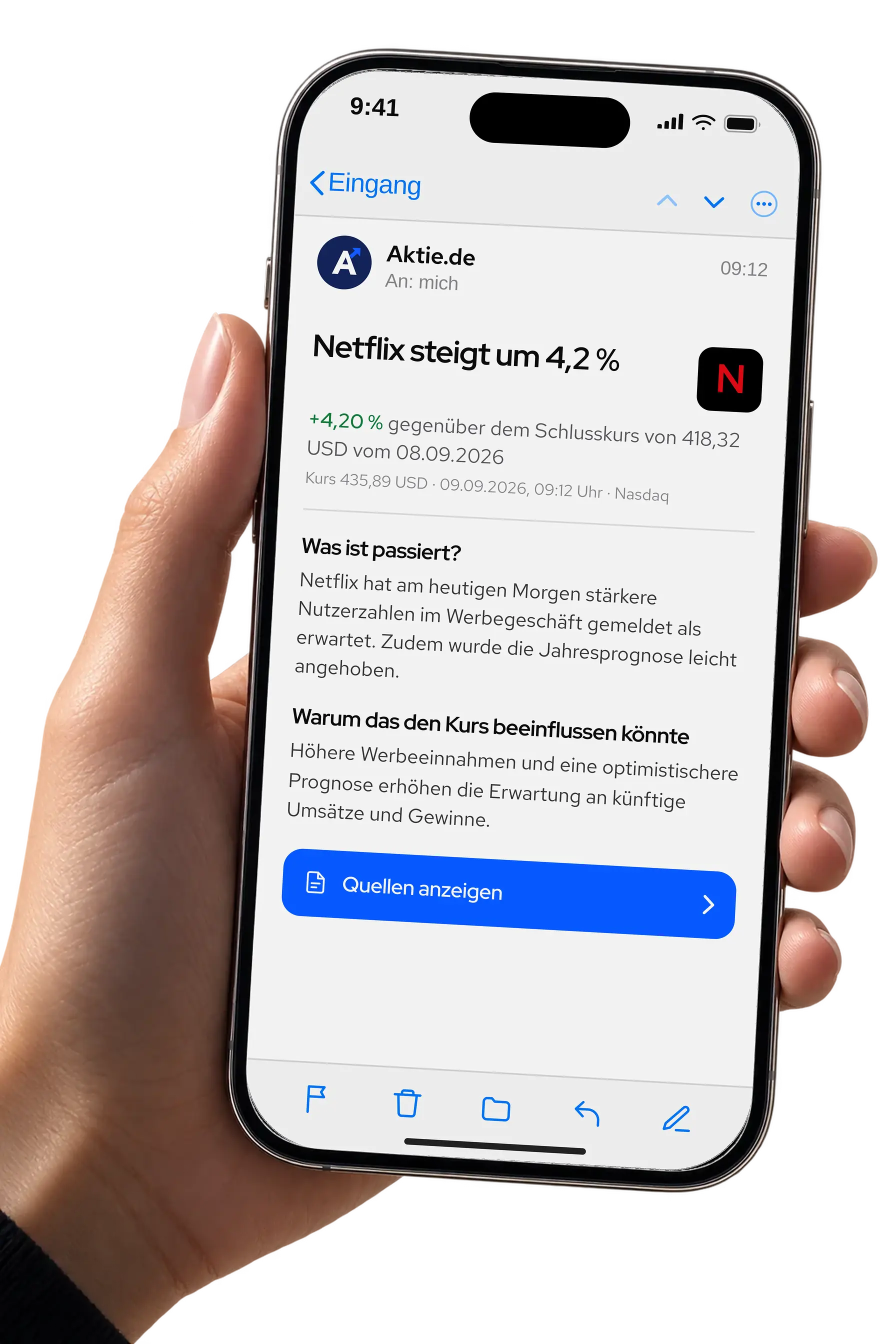 Ein Smartphone zeigt eine Aktie.de-Benachrichtigung im Postfach: „Netflix steigt um 4,2 %“, plus 4,20 Prozent gegenüber dem Schlusskurs, darunter die Abschnitte „Was ist passiert?“ und „Warum das den Kurs beeinflussen könnte“ sowie die Schaltfläche „Quellen anzeigen“.